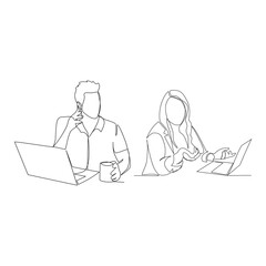 Office staff vector illustration drawn in line art style