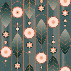 Art Deco oranges, modern seamless pattern with art-deco oranges and leaves. Vector Seamless background - 544347459