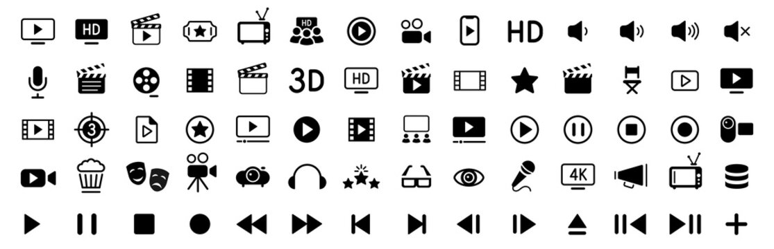 Cinema icons set. Movie Icons collection. Clapper board icon set. Contains such icon as film, movie, tv, video and more. Movie, Video icons, Collection film, TV sign. Vector illustration