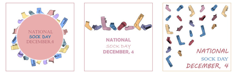 National Sock Day vector. Set of colorful posters with different types of socks and knee socks. Doodle hand drawn vector isolated on white.