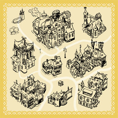 Simple line art drawn buildings for fantasy city map illustrations
