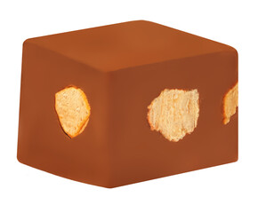Dark chocolate candy cube with nuts isolated on white background.