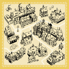 Obraz premium Simple line art drawn buildings for fantasy city map illustrations
