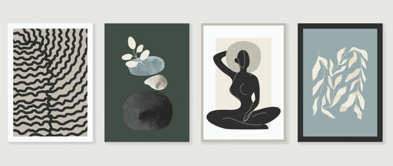 Set of contemporary abstract design wall art vector. Collection of watercolor rocks, leaf branch, wavy lines, vine, woman. Design illustration for wallpaper, wall decor, card, poster, cover, print.