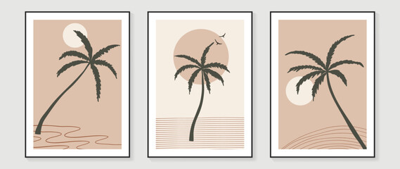 Set of contemporary abstract design wall art vector. Collection of natural scenery, coconut tree, wave line art, sun, bird. Design illustration for wallpaper, wall decor, card, poster, cover, print.