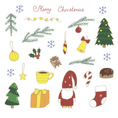 Christmas and New Year set vector illustration, hand drawing