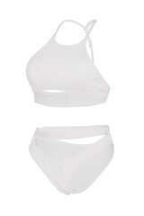 Close-up shot of a white two-piece swimsuit with ribbons. The swimsuit has a halter top and tape bikini bottoms. The swimsuit is isolated on a white background. Side view.