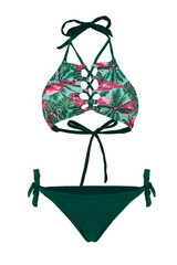 Close-up shot of a green two-piece swimsuit with a floral and flamingo print. The swimsuit has a...