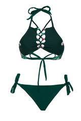 Close-up shot of a green two-piece swimsuit with a floral and flamingo print. The swimsuit has a...