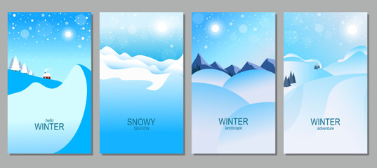 Vector flat illustration of winter landscape. Snowy winter, snowdrifts, snowfall, mountains. Design elements for poster, book cover, brochure, magazine, flyer, booklet.
