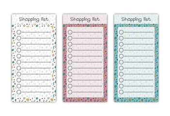 Shopping list page. Vector set of colorful printable organizers for customer. Blank personal planner of purchases. Funny doodle design