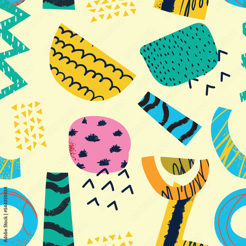 Poster seamless pattern with colorful geometric shapes with outline. mosaic texture in complementary bright