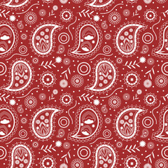 Red bandana kerchief paisley fabric patchwork abstract vector seamless pattern