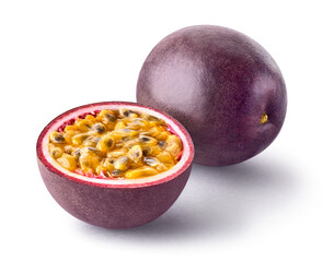 Whole and half passion fruit isolated on white background