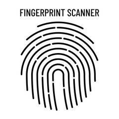 Fingerprint scanner vector outline icon. Single thumbprint hand sign with dashed line. Biometric identity scan.