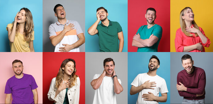 Collage with photos of people laughing on different color backgrounds. Banner design