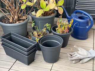 Empty flower pots and hydrangea plants in autumn time on a balcony, preparing the balcony garden...