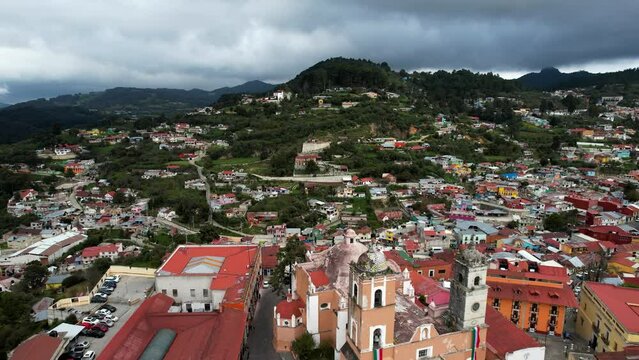 Reverse drone view of the mining town of Real del Monte in Hidalgo, Mexico