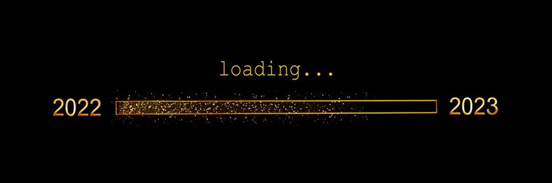 2023 loading, gold glitter progress bar on black background, new year panoramic holiday web banner