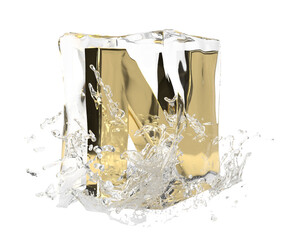 Gold letter N in cube of melting ice and drop water on isolated background. Idea for winter splash banner. 3d rendering