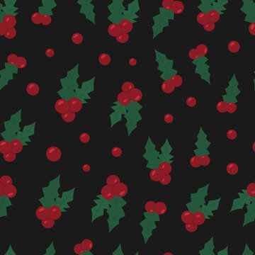 Christmas seamless pattern with holly berries. Winter holiday vector background for fabric, textile, paper, wrapping