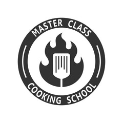 Cooking school graphic sign. Master class label. Isolated symbol on white background. Vector illustration