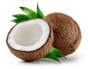 Coconut isolated. Coconuts with leaves on white background. Coconut. Coco half and leaf. Full depth of field.