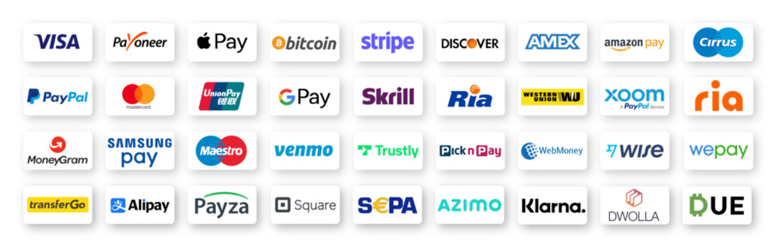 Online payment methods icons set. Buttons popular payments systems. Visa, Paypal, Stripe, Skrill, Alipay, Apple Pay, Google, Amazon Pay, Amex, Bitcoin, Discover…