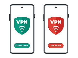 Two smartphones with VPN with a connection button. Phone icon with VPN on the screen