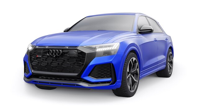 Berlin. Germany. November 08, 2022. Audi RSQ8 2022. Blue sports SUV with four-wheel drive quattro for driving pleasure as well as for family and work. 3d illustration.
