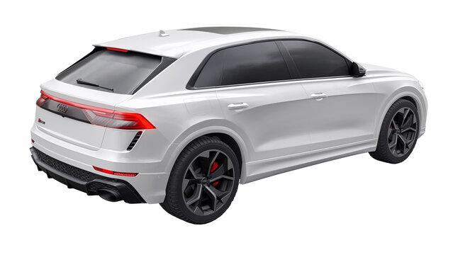 Berlin. Germany. November 08, 2022. Audi RSQ8 2022. White sports SUV with four-wheel drive quattro for driving pleasure as well as for family and work. 3d illustration.