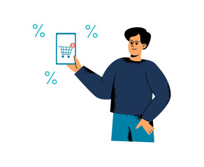 The man holds the phone in his hand. Discounts on online sales. Sale in the online store