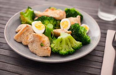 pieces of fried chicken breast with boiled broccoli and quail eggs on plate for lunch
