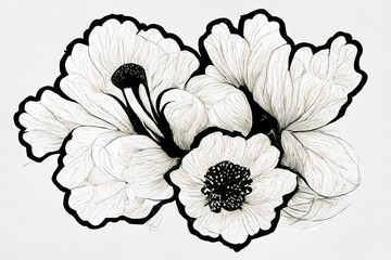 flowers drawing with line-art on white backgrounds. Hand drawn nature painting. Freehand sketching illustration. 3d rendering