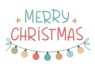 Merry Christmas handwritten lettering with garland. Lettering design card template. Christmas holidays typography. Vector illustration