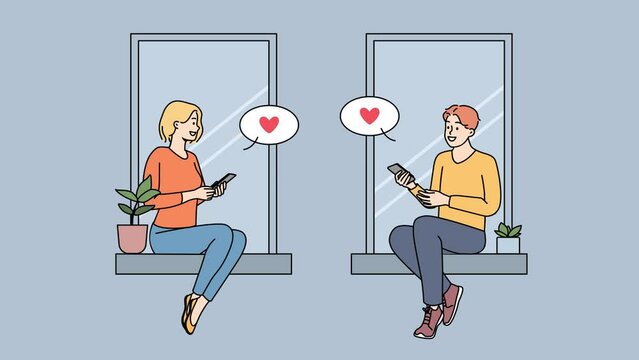 Happy man and woman sit on windowsills texting online on cellphones. Smiling couple message on smartphones. Long distance relationship. Motion illustration. 