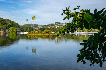 Island with Palms. Kandy Lake Promenade in Kandy city, Sri Lanka.