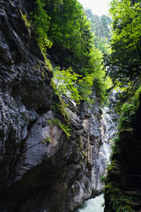 Obraz premium Aareschlucht Gorge, Switzerland - 30 July 2022 , Aareschlucht Gorge formed for thousands of years by the Aare Glacier.