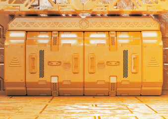 Military yellow sci fi door of spacecraft installations and futuristic scientific research centers,...