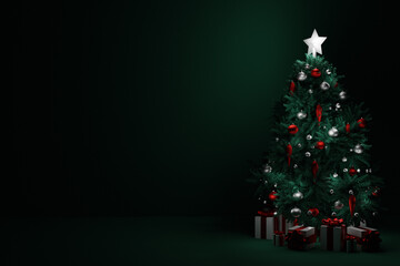 Christmas tree with gift box on dark green background. 3d render