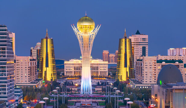 Bayterek monument and high-rise buildings of the capital of Kazakhstan - the city of Astana