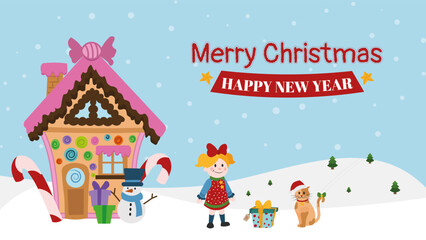 Merry Christmas and New Year greeting card with cute cartoon characters. Girl and cat having fun in front of gingerbread house. Snow landscape, vector illustration.