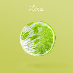 lime ice cream Scoop of white and green ice cream with lime slice on gradient background. Lemon ice cream. 3d illustration.