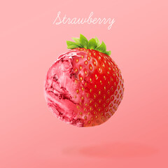 Strawberry ice cream. Red ice cream ball on gradient background. Mix of ice cream and fruit. 3d illustration.