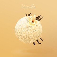 Vanilla ice cream. White ice cream ball with flower and vanilla pod on gradient background. Mix of ice cream and fruit. 3d illustration.