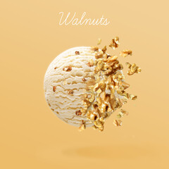 Walnut ice cream. Ball of walnut flavor ice cream with exploding nuts on gradient background. Mix of ice cream and nuts. 3d illustration.