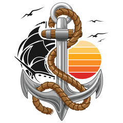 Anchor Marine Retro-Element-Vektor-Logo-Design mit Sonne, Segelboot und Möwenflug isoliert auf Weiß