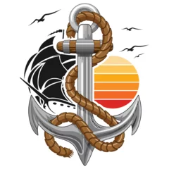 Fotobehang Draw Anker Marine retro Element Vector Logo Design met zon, zeilboot en meeuwen vlucht geïsoleerd op wit