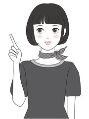 人差し指を立てるボブヘアーの女性