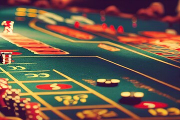 Interior of sleek modern casino. close-up on the roulette green table and casino chips. Concept of gambling-addicted and richness. 3D illustration.